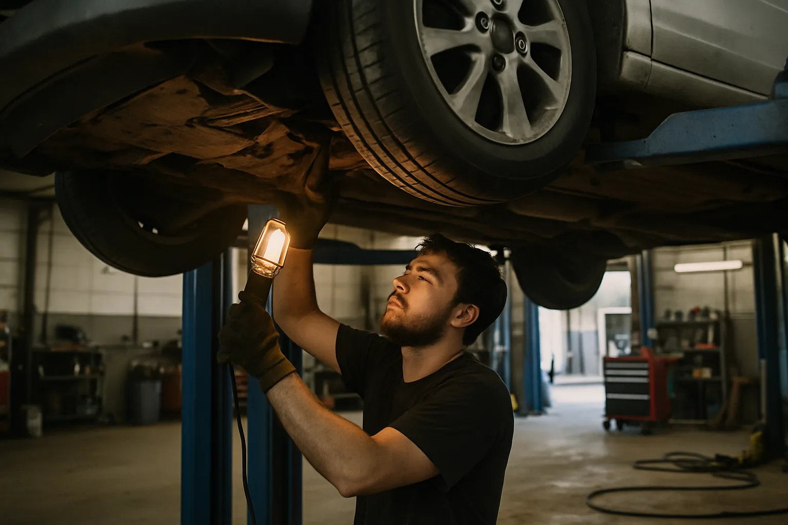 Vehicle on lift for service work